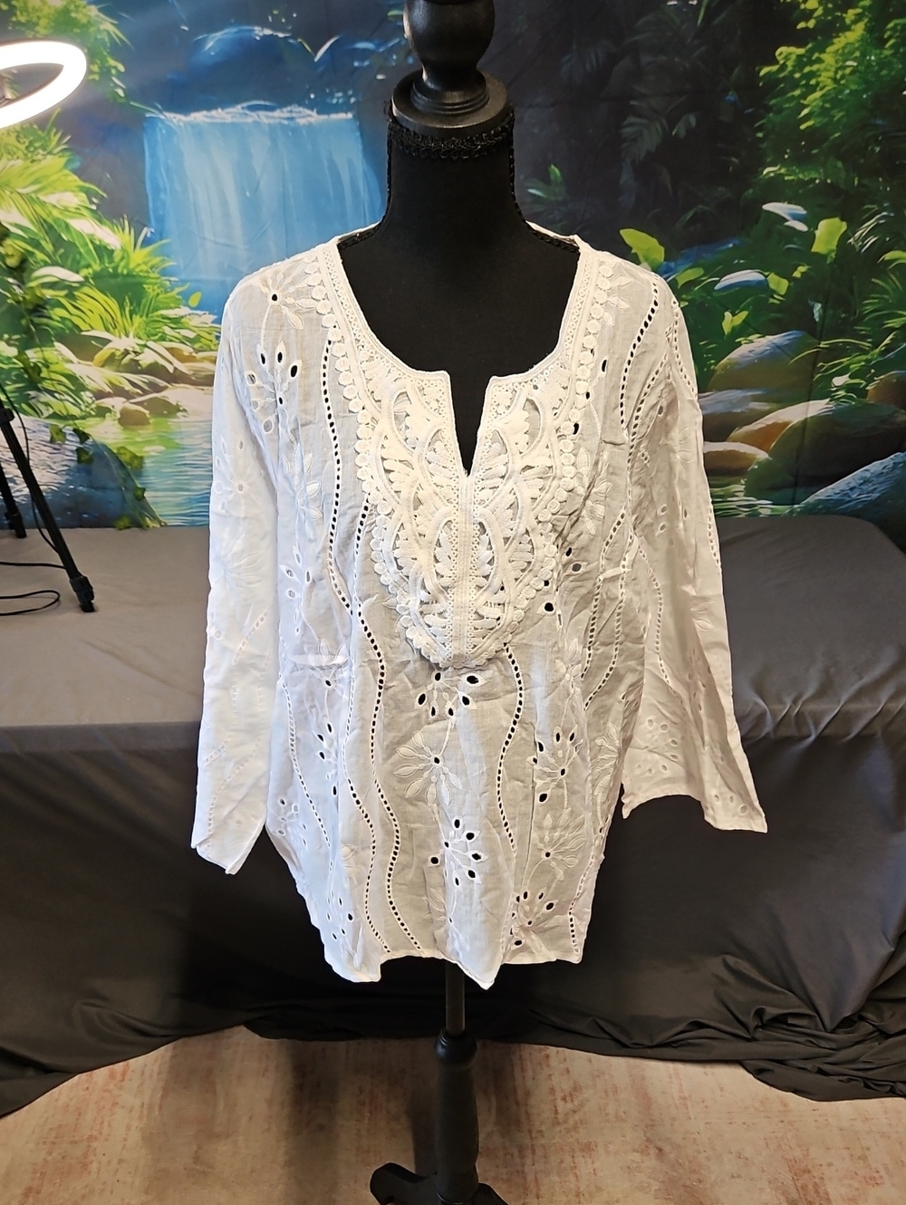 Boho White Eyelet Embroidered Tunic Top - Women